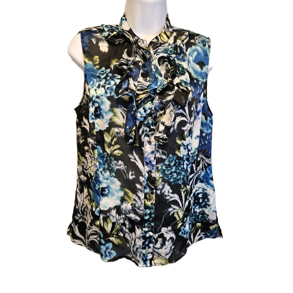 Tahari Sleeveless Ruffle Front Button Up Blouse Floral Print Sz M Floral Teacher